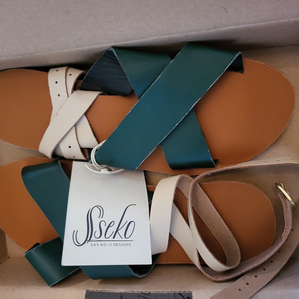 Sseko Teal and Cream Sandals